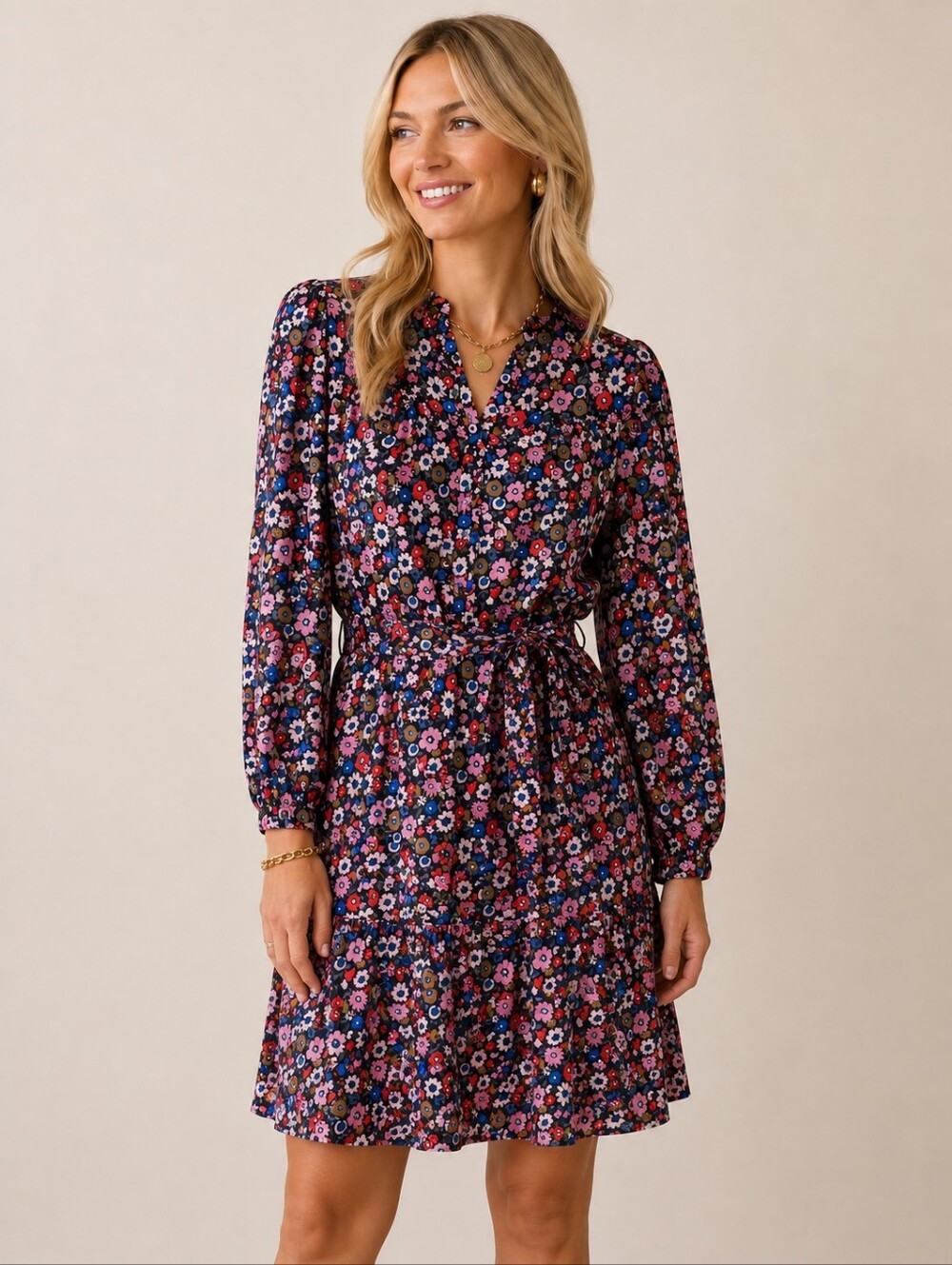 Boden Floral Long Sleeve Tie Waist Dress